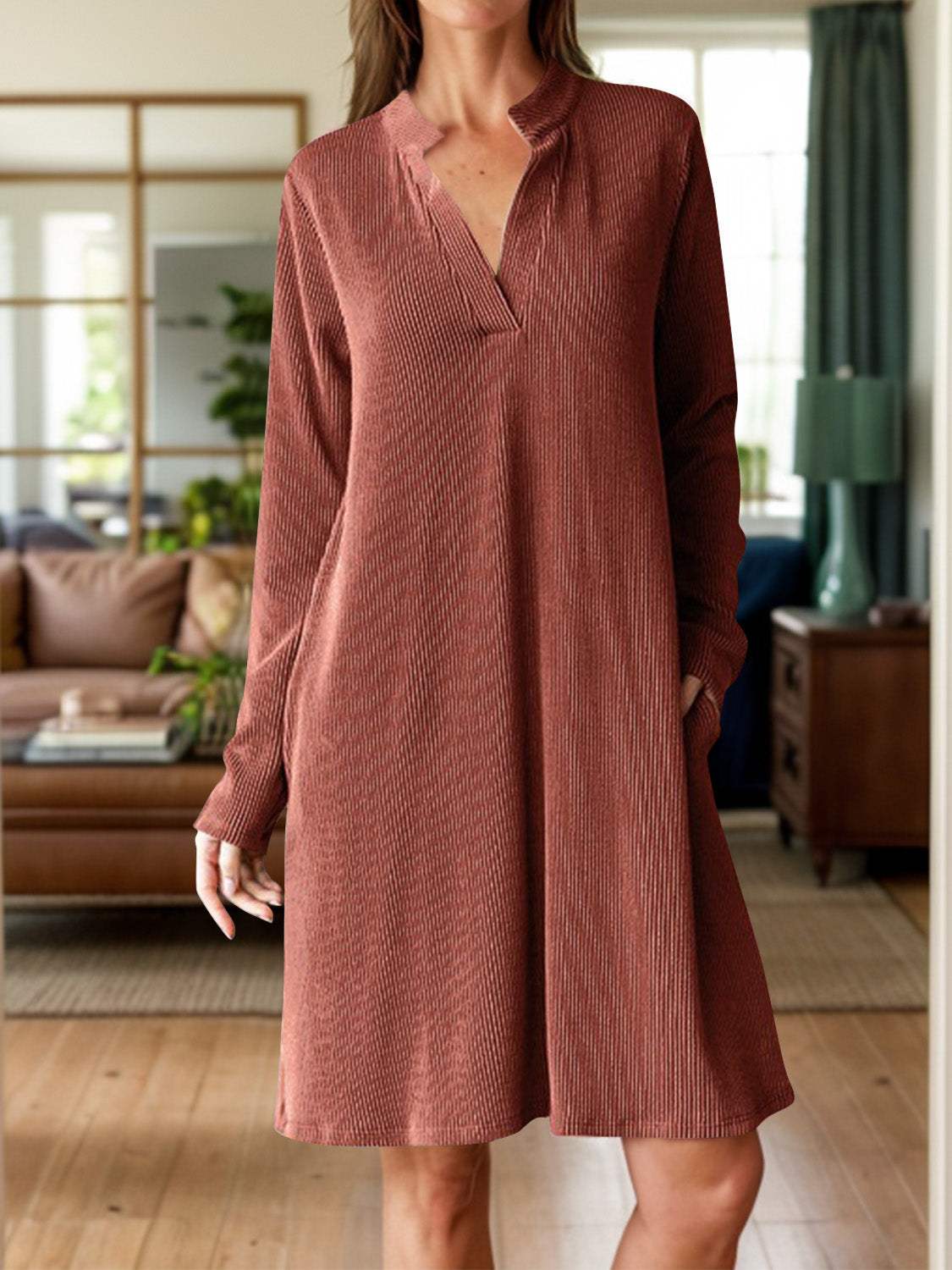 Notched Long Sleeve Mini Dress with Pockets - Trendsi - Flyclothing LLC