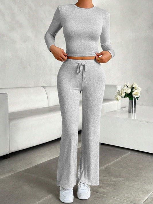 Round Neck Long Sleeve Top and Drawstring Pants Set - Trendsi