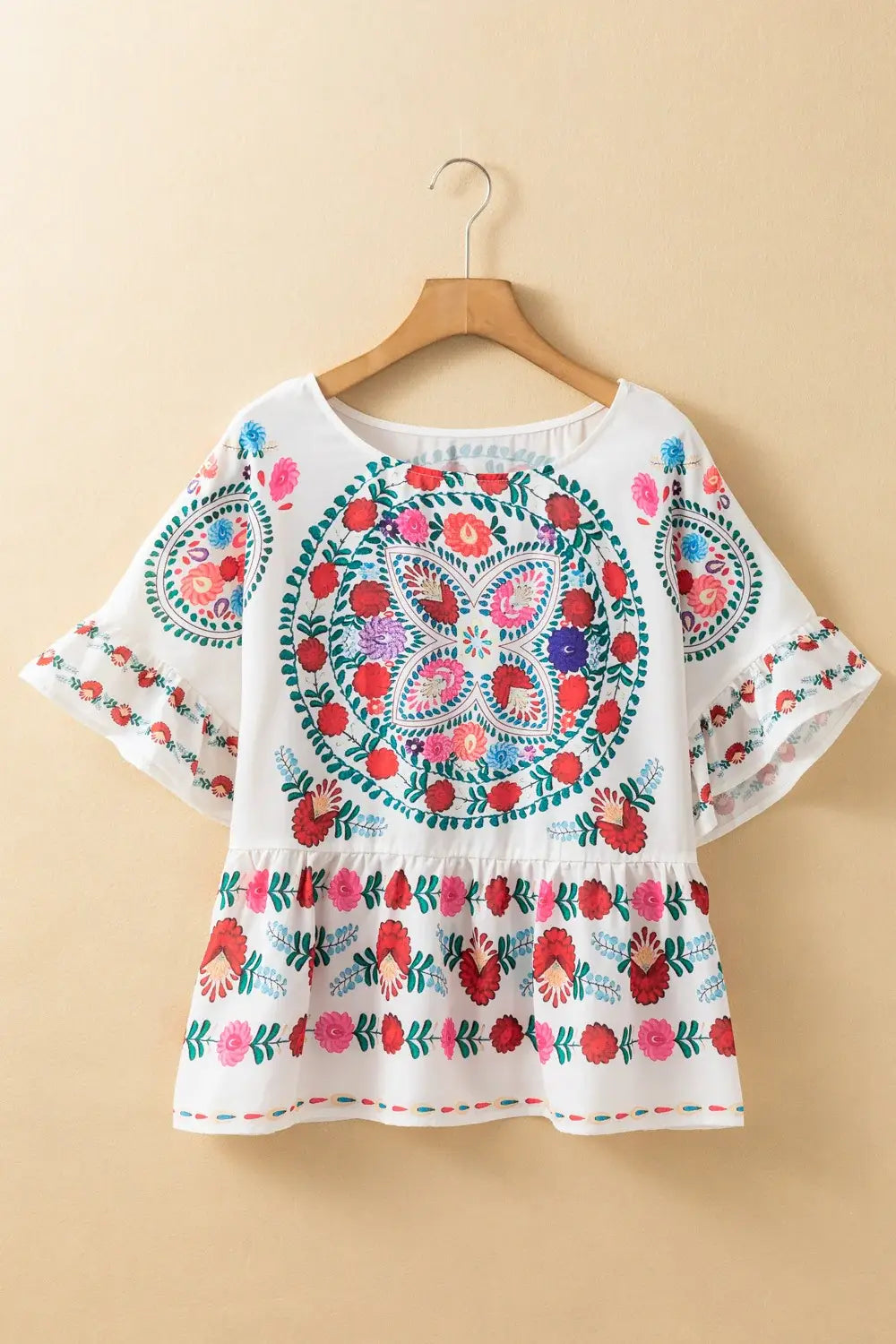 Floral Print Round Neck Ruffle Trim Blouse - Trendsi - Flyclothing LLC