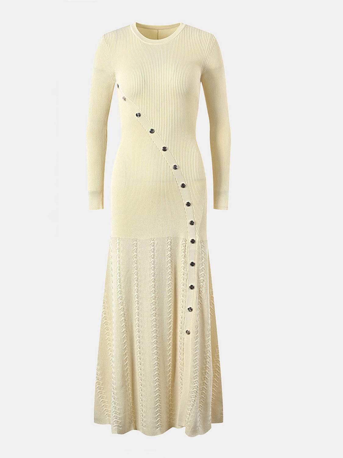 Openwork Round Neck Long Sleeve Sweater Dress - Trendsi - Flyclothing LLC