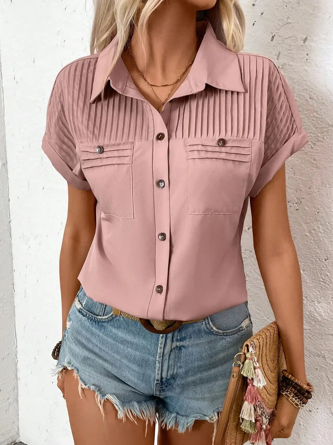 Pleated Detail Collared Neck Short Sleeve Shirt - Trendsi - Flyclothing LLC