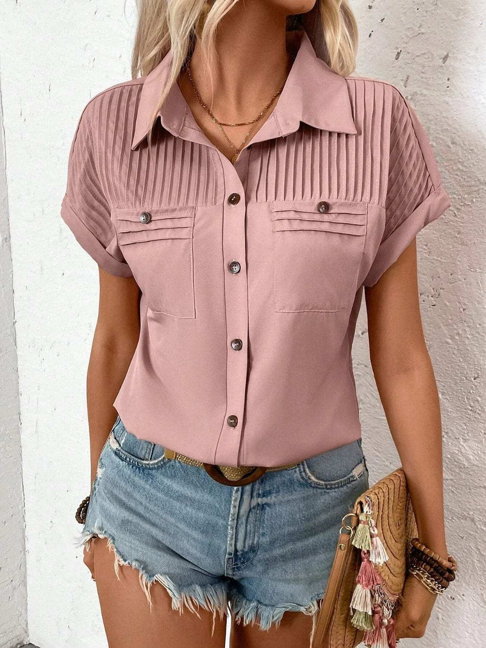 Pleated Detail Collared Neck Short Sleeve Shirt - Trendsi - Flyclothing LLC