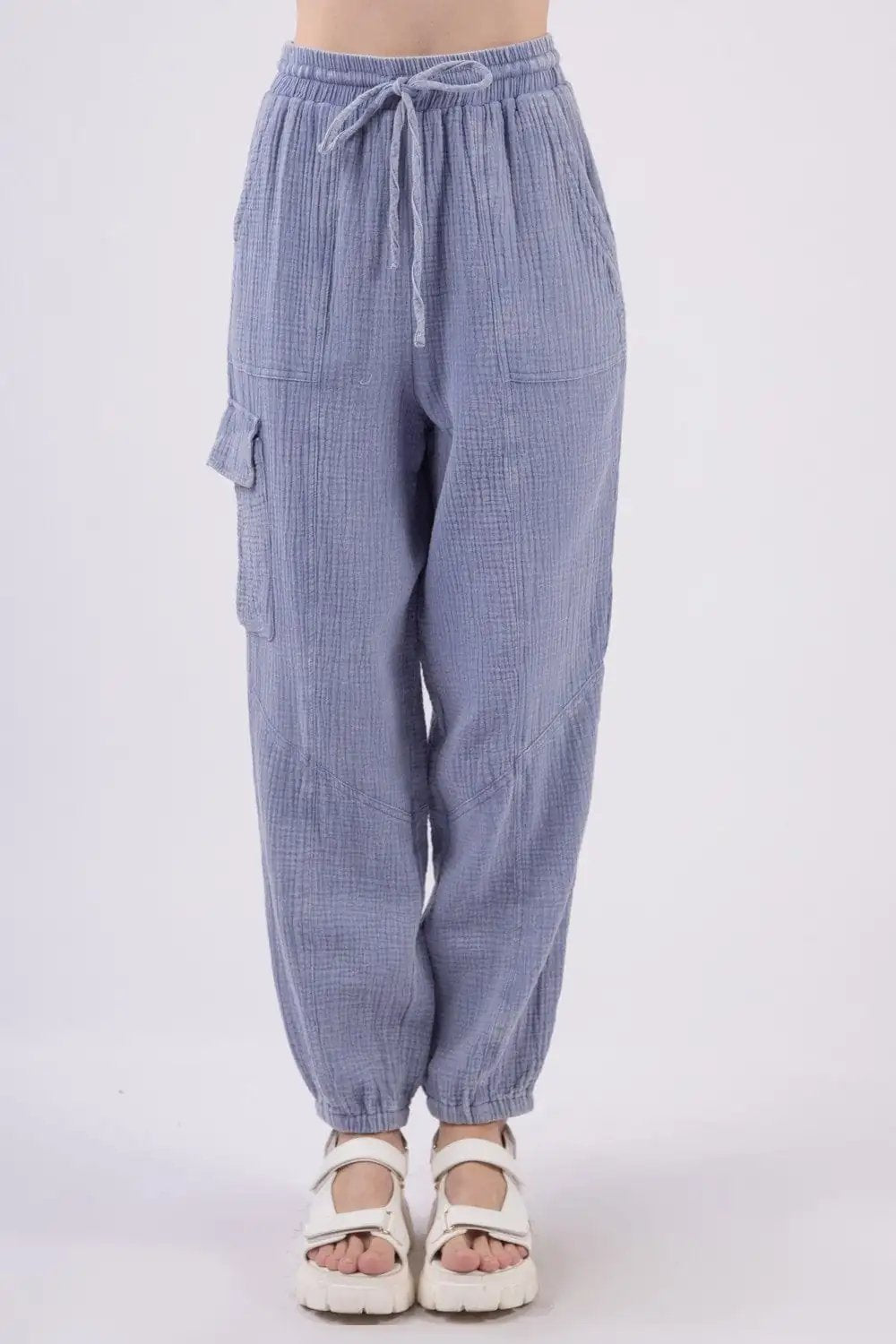 VERY J Washed Woven Crinkle Gauze Drawstring Cargo Pants - Trendsi