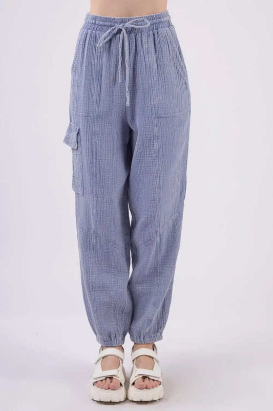 VERY J Washed Woven Crinkle Gauze Drawstring Cargo Pants - Trendsi - Flyclothing LLC
