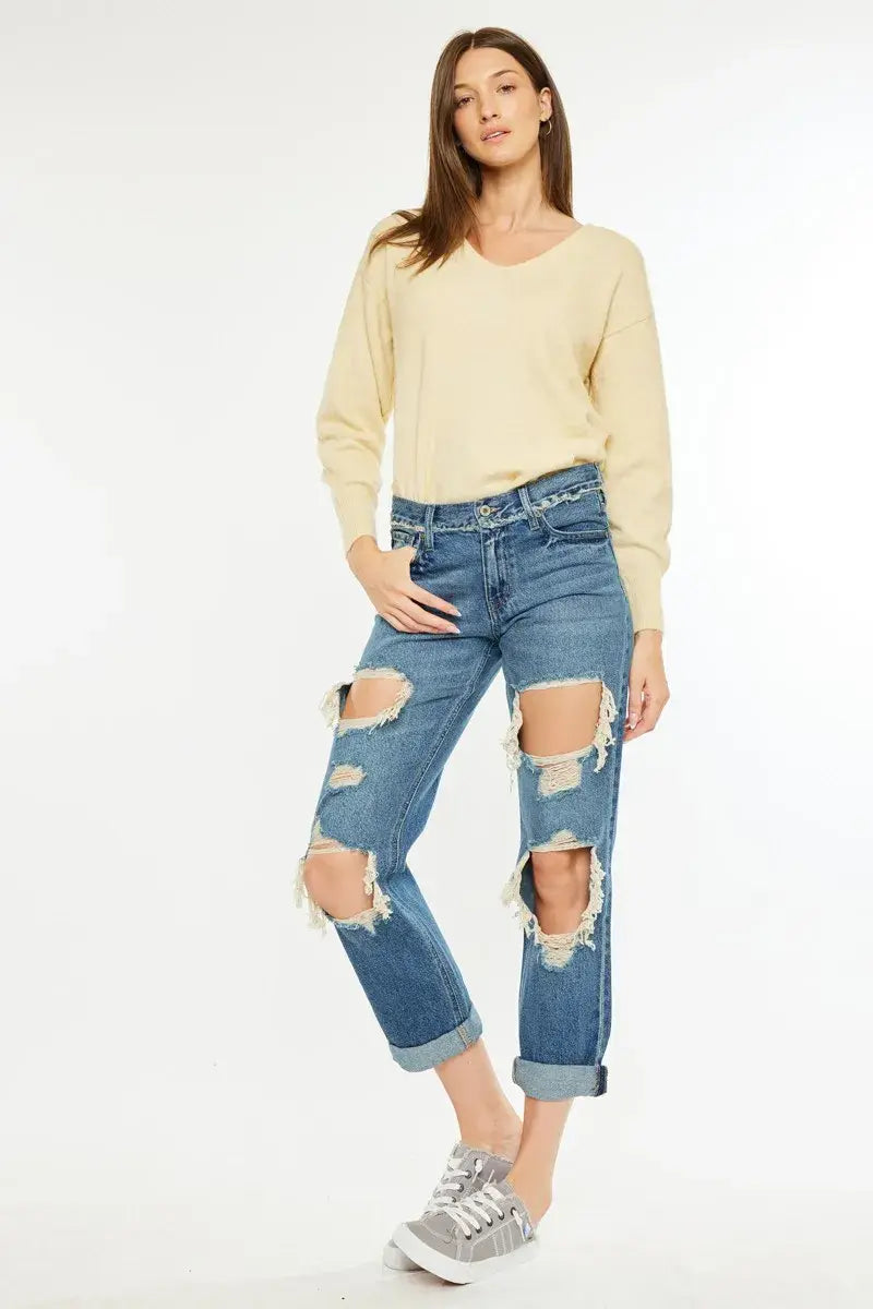 Kancan Distressed Mid Rise True Boyfriend Jeans - Trendsi - Flyclothing LLC