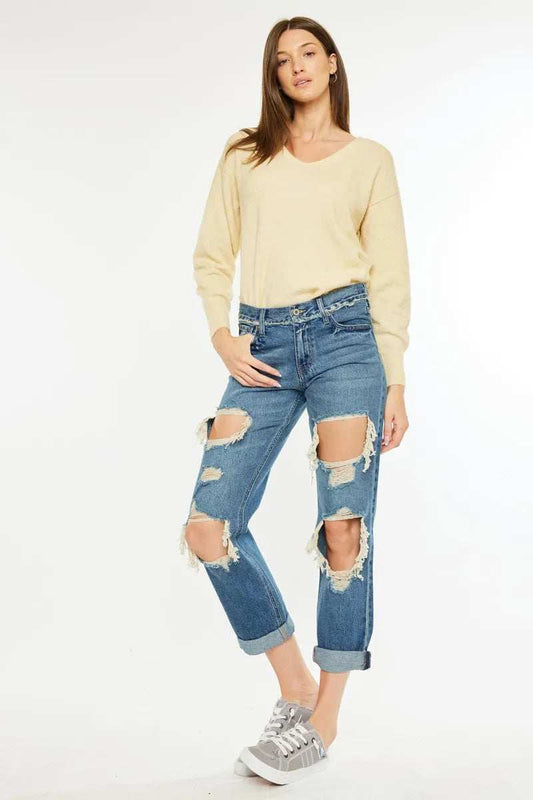 Kancan Distressed Mid Rise True Boyfriend Jeans - Trendsi - Flyclothing LLC