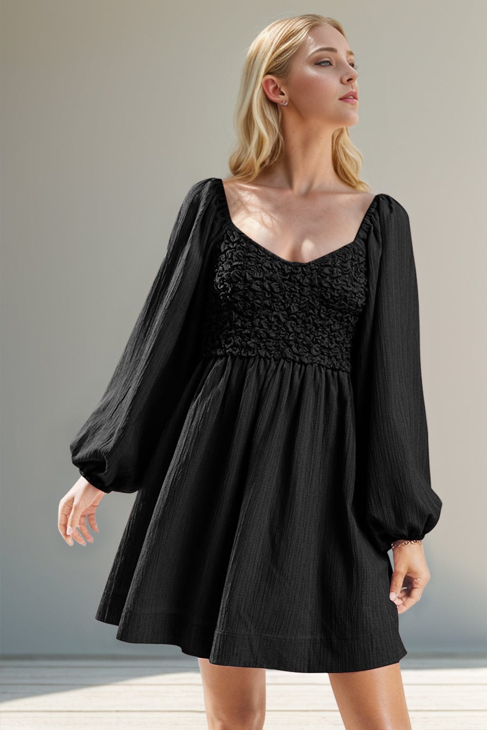 Double Take Texture Smocked Balloon Sleeve Mini Dress - Trendsi