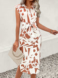 Printed Cap Sleeve Tie Waist Dress - Trendsi