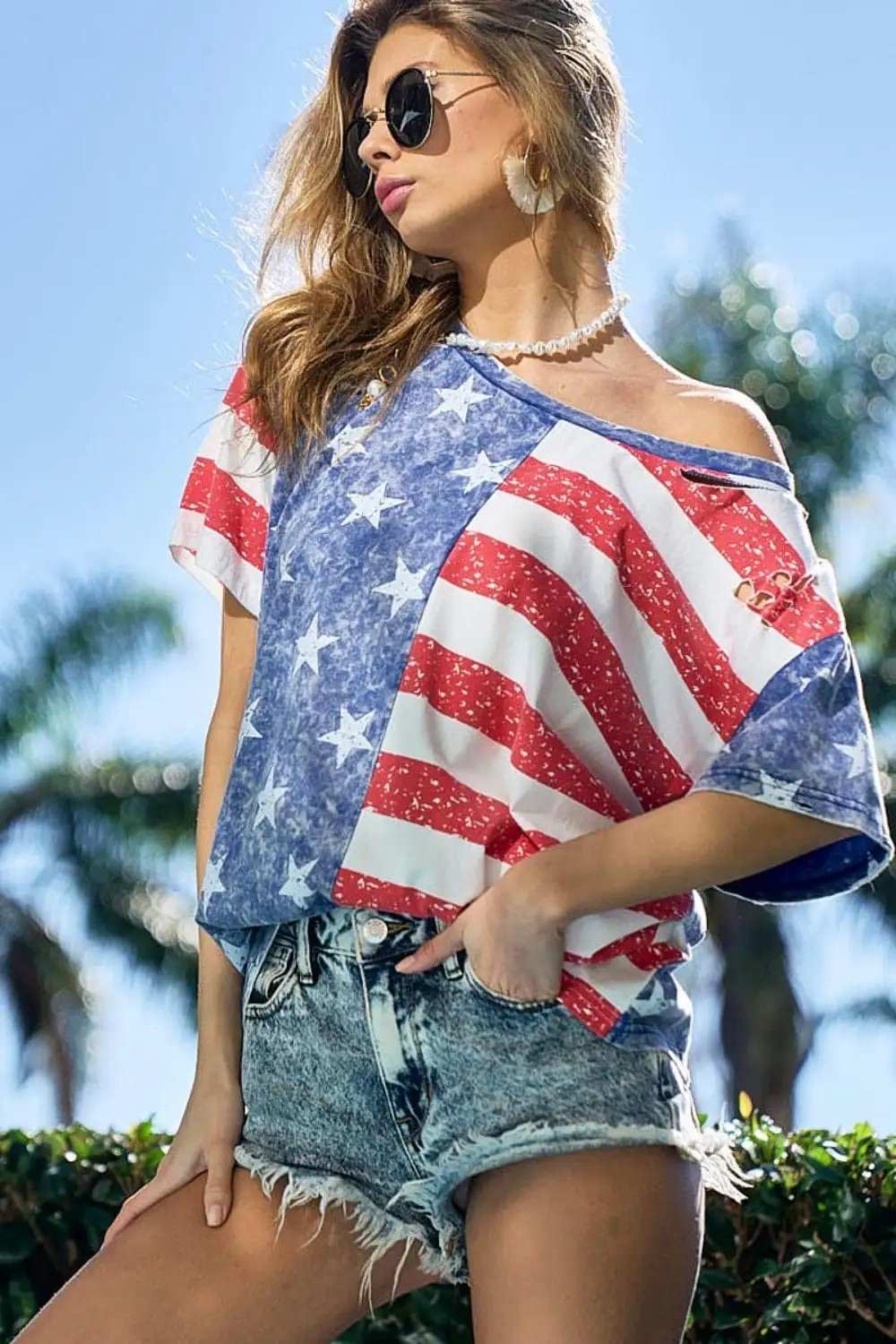BiBi American Flag Theme Short Sleeve T-Shirt - Trendsi - Flyclothing LLC