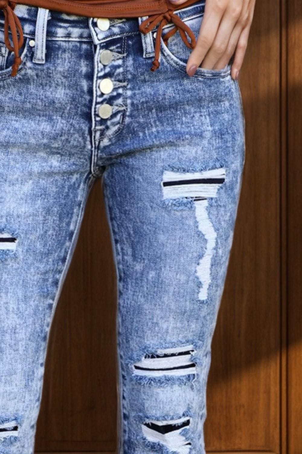Distressed Button-Fly Bootcut Jeans with Pockets - Trendsi
