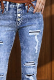 Distressed Button-Fly Bootcut Jeans with Pockets - Trendsi