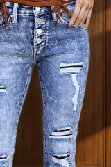 Distressed Button-Fly Bootcut Jeans with Pockets - Trendsi