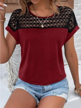Contrast Lace Round Neck Short Sleeve Blouse - Trendsi - Flyclothing LLC