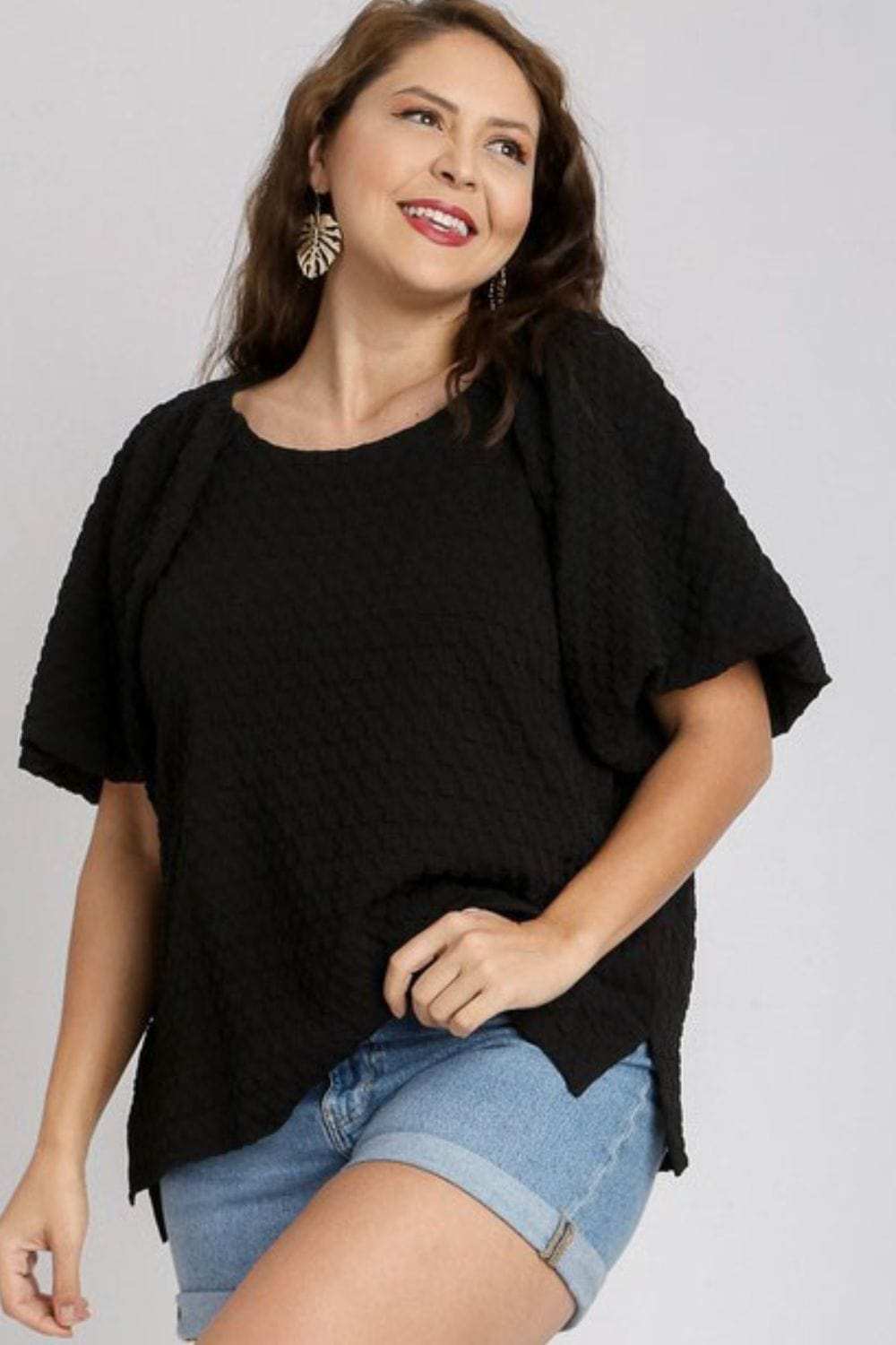 Umgee Full Size Boxy Cut Jacquard Round Neck Top with Side Slit Plus Size - Trendsi - Flyclothing LLC