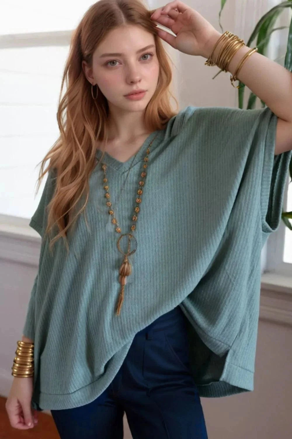 Oversized Ribbed Knit V Neck Dolman Short Sleeve Top - Trendsi