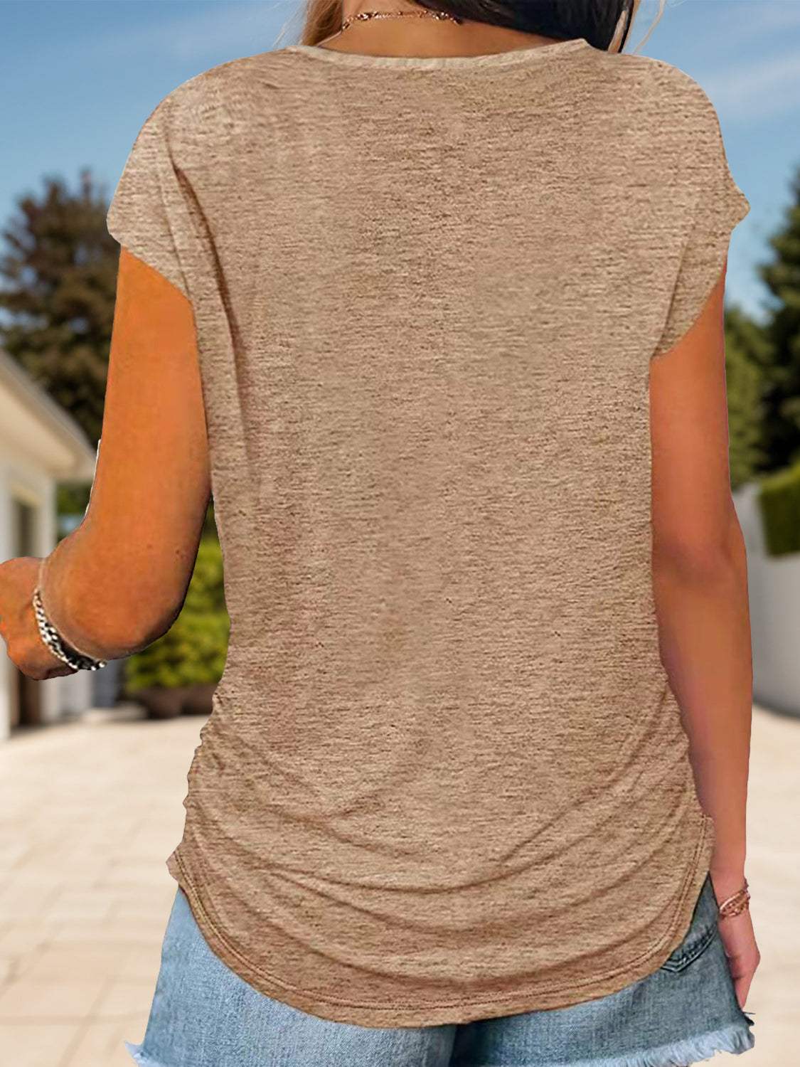 Full Size Half Zip Cap Sleeve T-Shirt - Trendsi - Flyclothing LLC