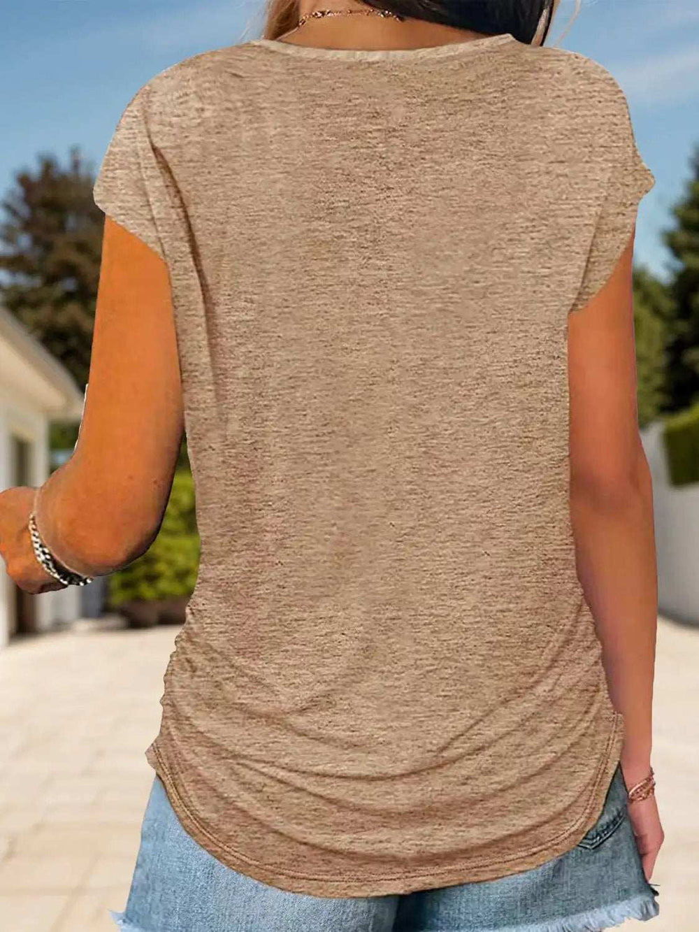 Full Size Half Zip Cap Sleeve T-Shirt - Trendsi - Flyclothing LLC