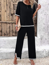 Contrast Trim Round Neck Top and Pants Set - Trendsi - Flyclothing LLC