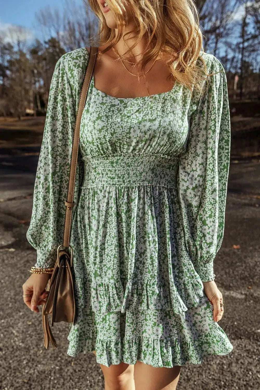 Ruffle Hem Floral Square Neck Long Sleeve Dress - Trendsi - Flyclothing LLC