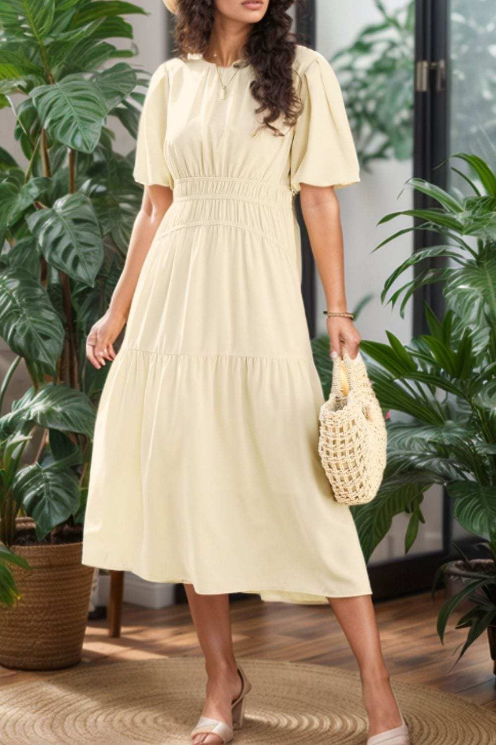 Puff Sleeve Pleated High Waist Flowy Midi Dress - Trendsi - Flyclothing LLC