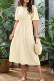 Puff Sleeve Pleated High Waist Flowy Midi Dress - Trendsi - Flyclothing LLC