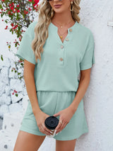 Casual Button Detail Ribbed Top and Shorts Two-Piece Set - Trendsi - Flyclothing LLC