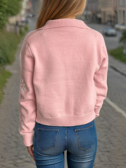 Pearl Trim Collared Neck Long Sleeve Cardigan - Trendsi