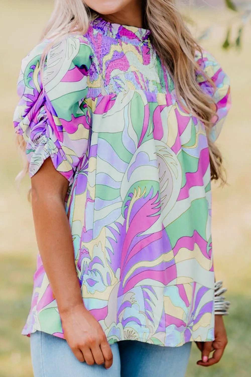 Smocked Round Neck Short Sleeve Blouse - Trendsi - Flyclothing LLC