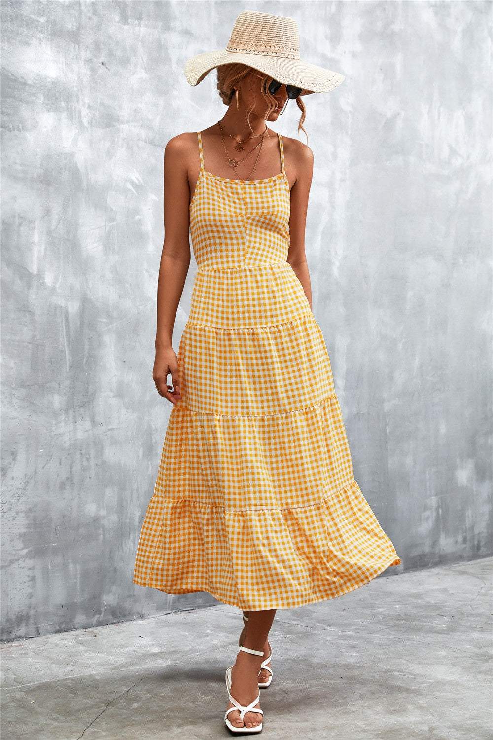 Plaid Square Neck Midi Cami Dress - Trendsi - Flyclothing LLC