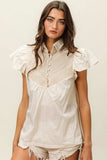 BiBi Half Button Collared Neck Short Sleeve Top - Trendsi - Flyclothing LLC