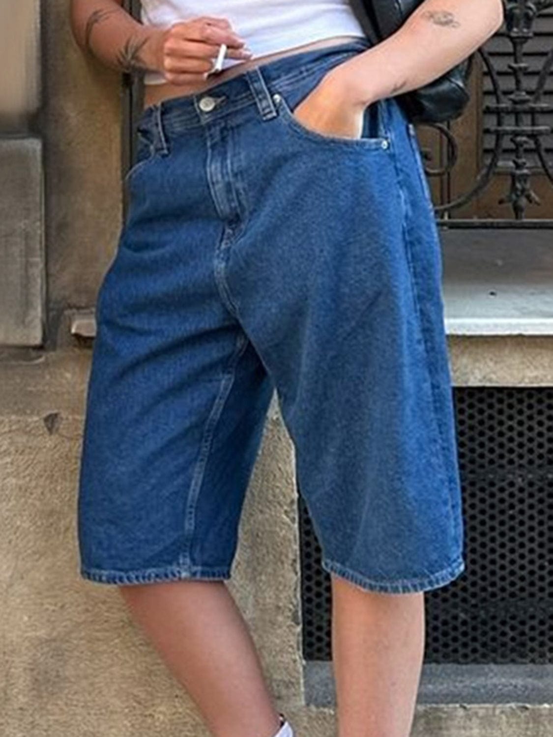 High Waist Denim Shorts with Pockets - Trendsi
