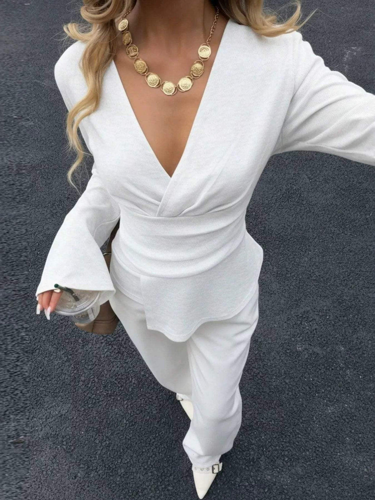 Elegant V-Neck Wrap Asymmetrical Blouse with Flared Sleeves - Trendsi - Flyclothing LLC