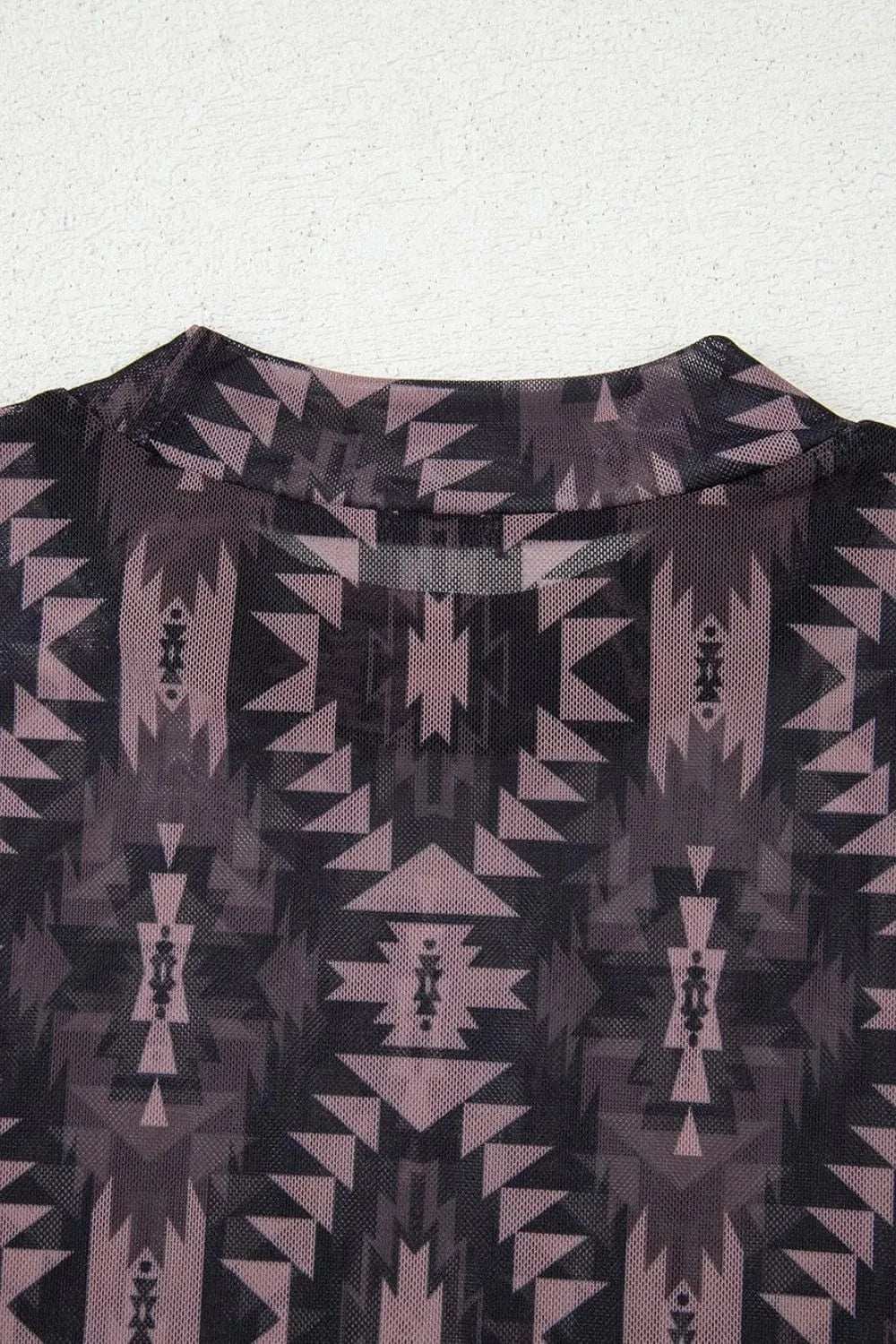 Aztec Print Mock Neck Short Sleeve Mesh T Shirt - Trendsi - Flyclothing LLC