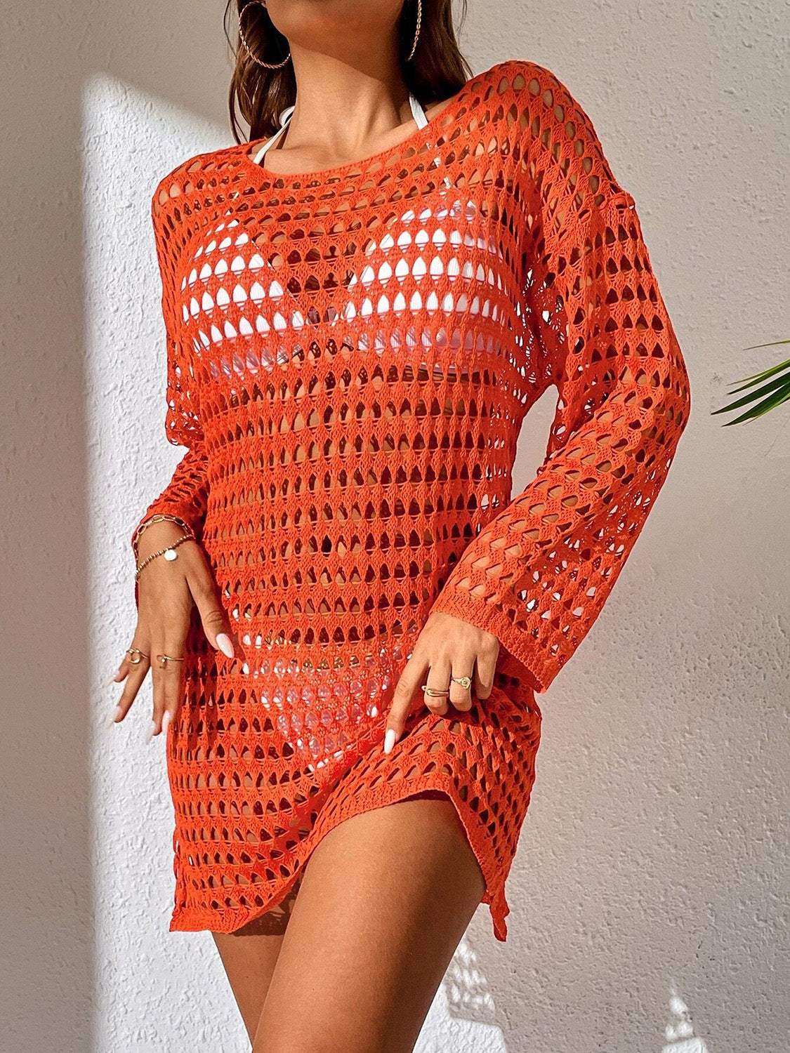 Openwork Boat Neck Long Sleeve Cover-Up - Trendsi - Flyclothing LLC