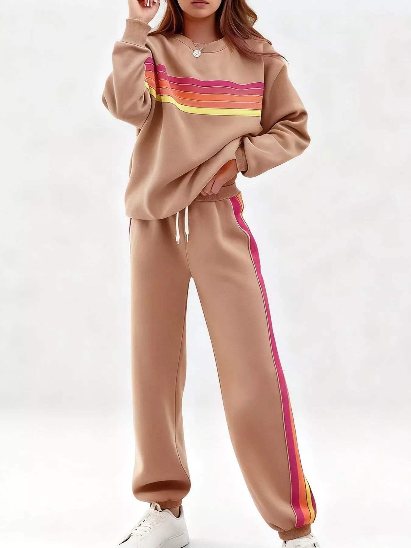Striped Round Neck Sweatshirt and Pants Set - Trendsi - Flyclothing LLC