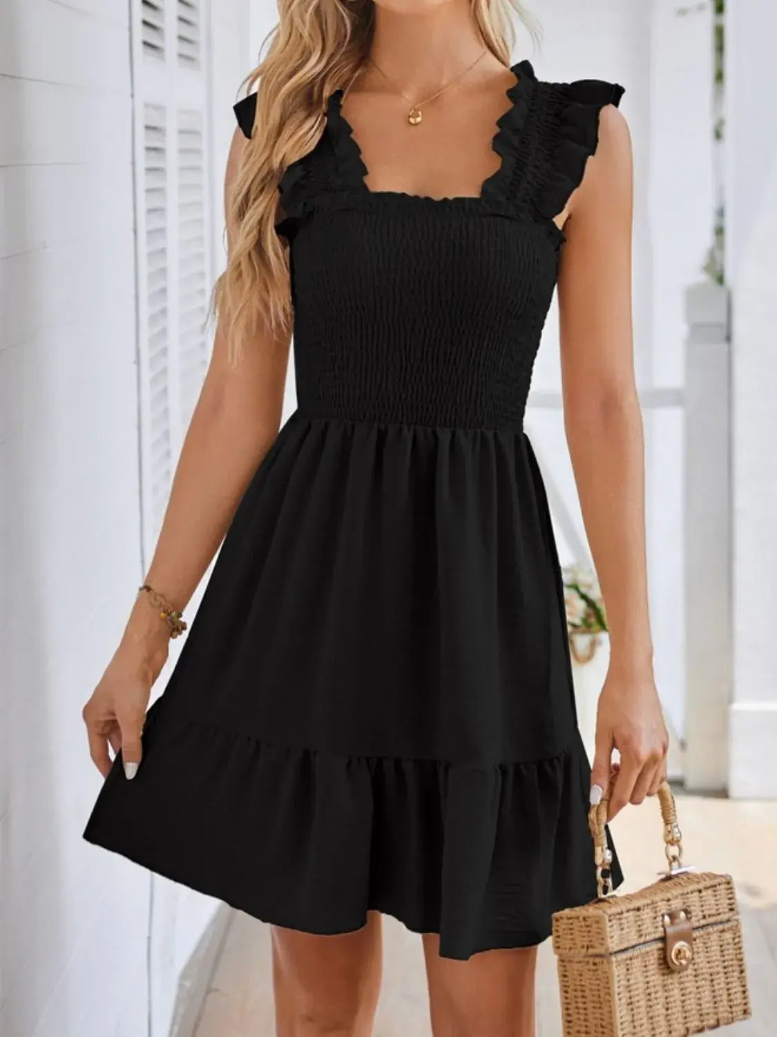Smocked Square Neck Wide Strap Dress - Trendsi - Flyclothing LLC