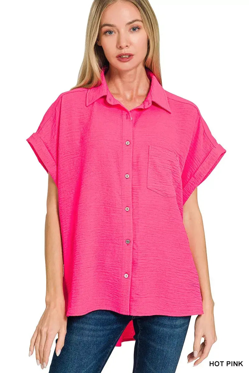 Zenana Woven Airflow Button Down Shirt - Trendsi - Flyclothing LLC