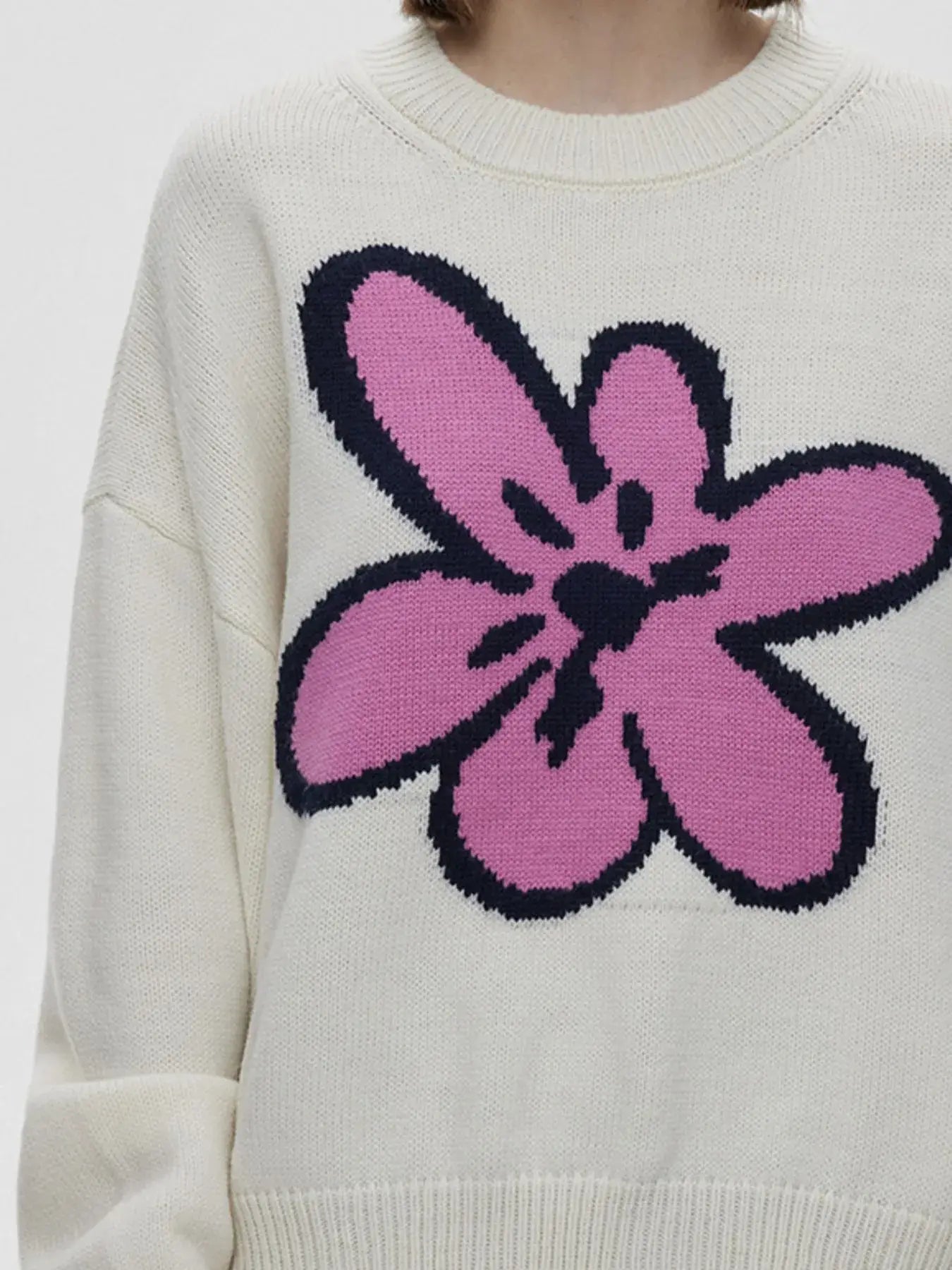 Flower Ribbed Hem Round Neck Sweater - Trendsi - Flyclothing LLC