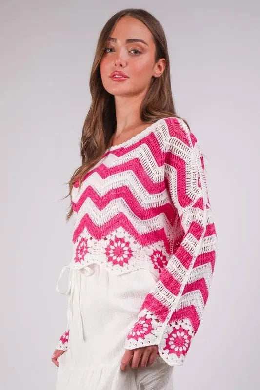 VERY J Chevron/Floral Pattern Crochet Knit Top - Trendsi - Flyclothing LLC