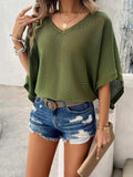V-Neck Batwing Sleeve Knit Top - Trendsi - Flyclothing LLC