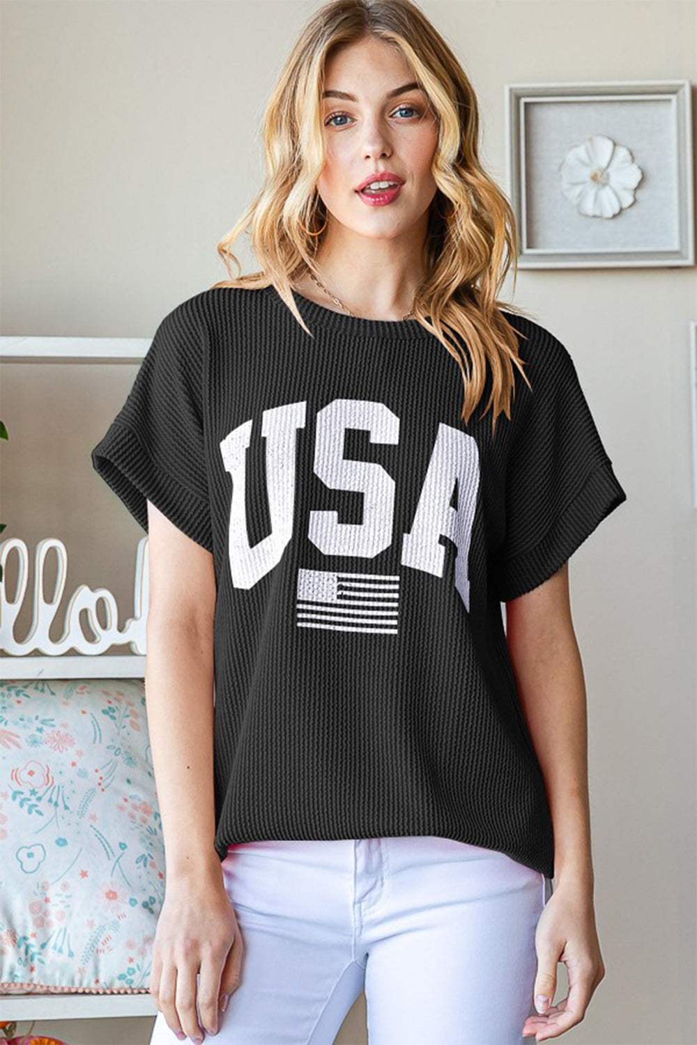 Heimish Full Size USA Graphic Short Sleeve Ribbed Top - Trendsi - Flyclothing LLC