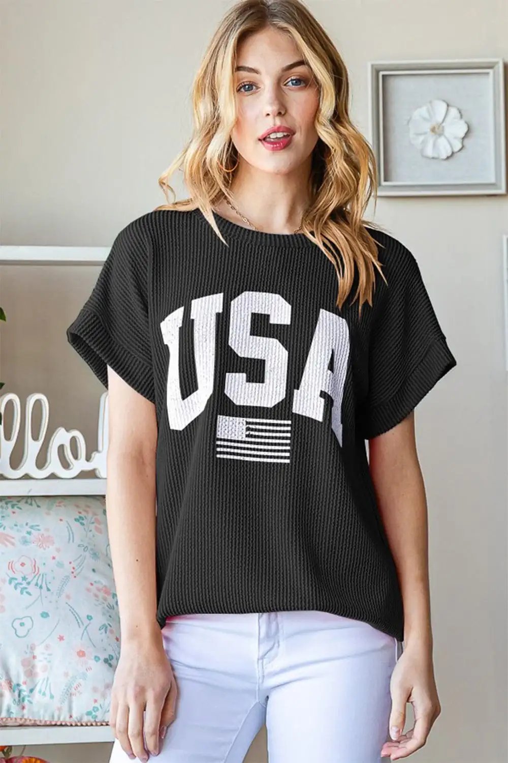 Heimish Full Size USA Graphic Short Sleeve Ribbed Top - Trendsi
