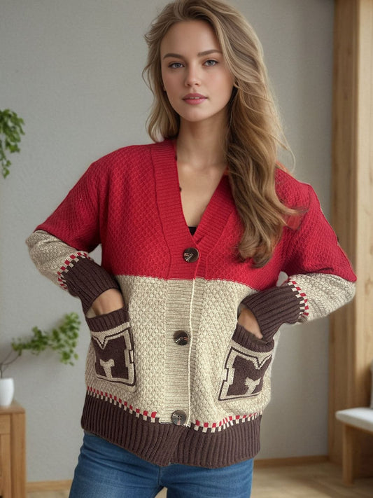 Pocketed Contrast V-Neck Button Up Cardigan - Trendsi