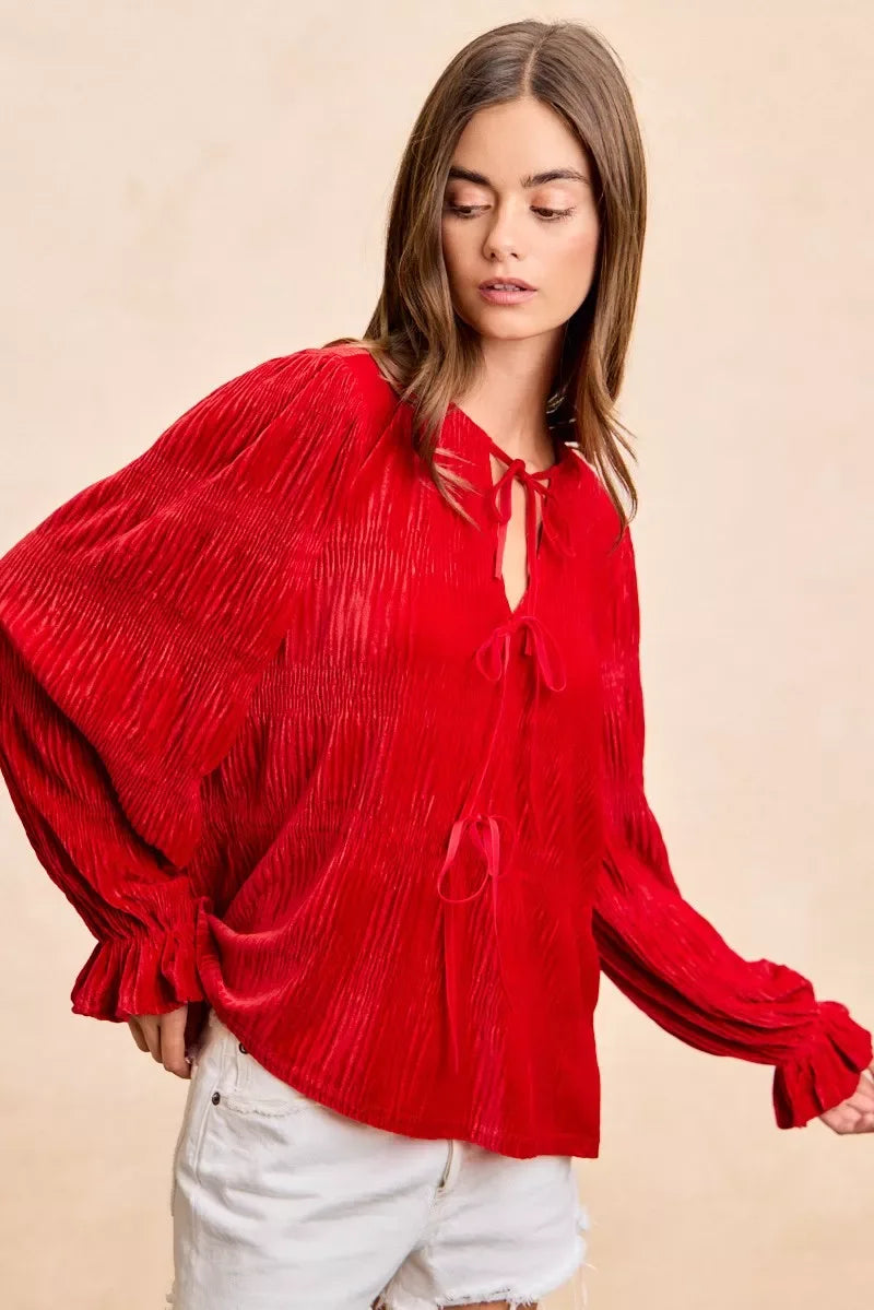 BiBi Christmas Theme Velvet Bow Tied Top With Neck Drop - Trendsi - Flyclothing LLC