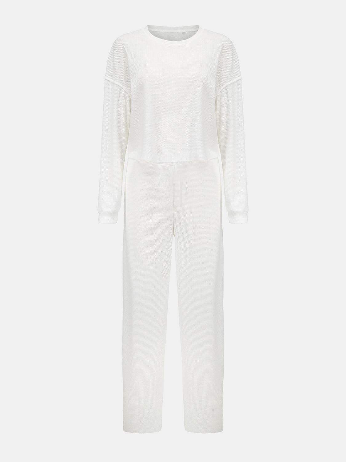 Waffle-Knit Round Neck Top and Pants Set - Trendsi - Flyclothing LLC