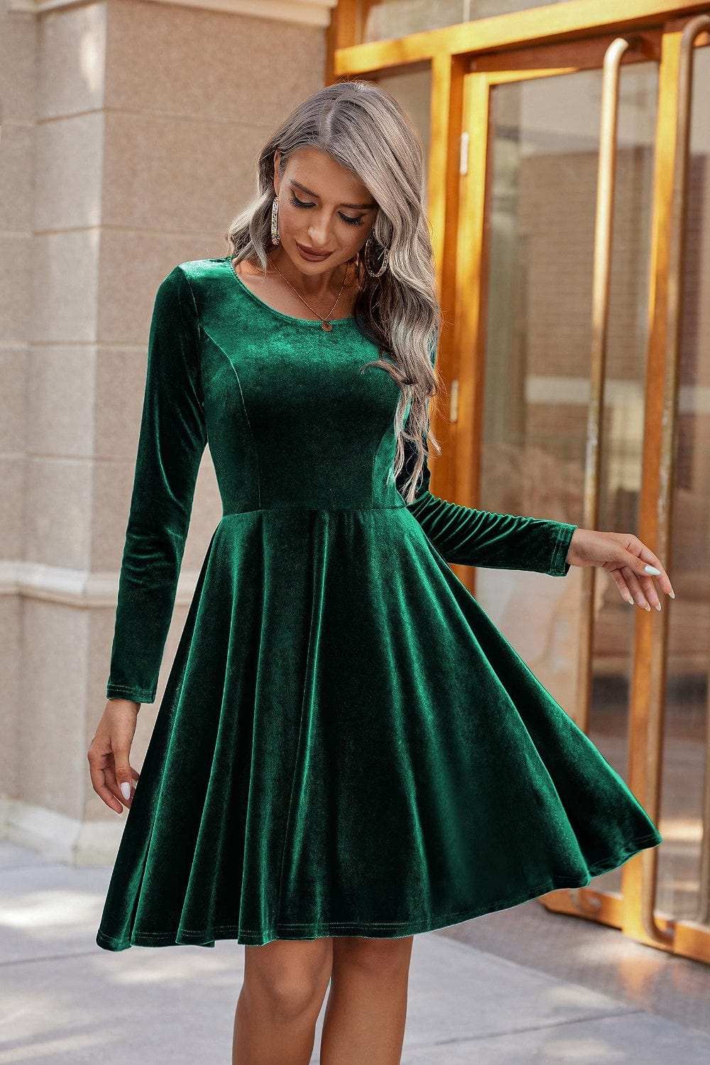 Round Neck Long Sleeve Knee Length Dress - Trendsi - Flyclothing LLC