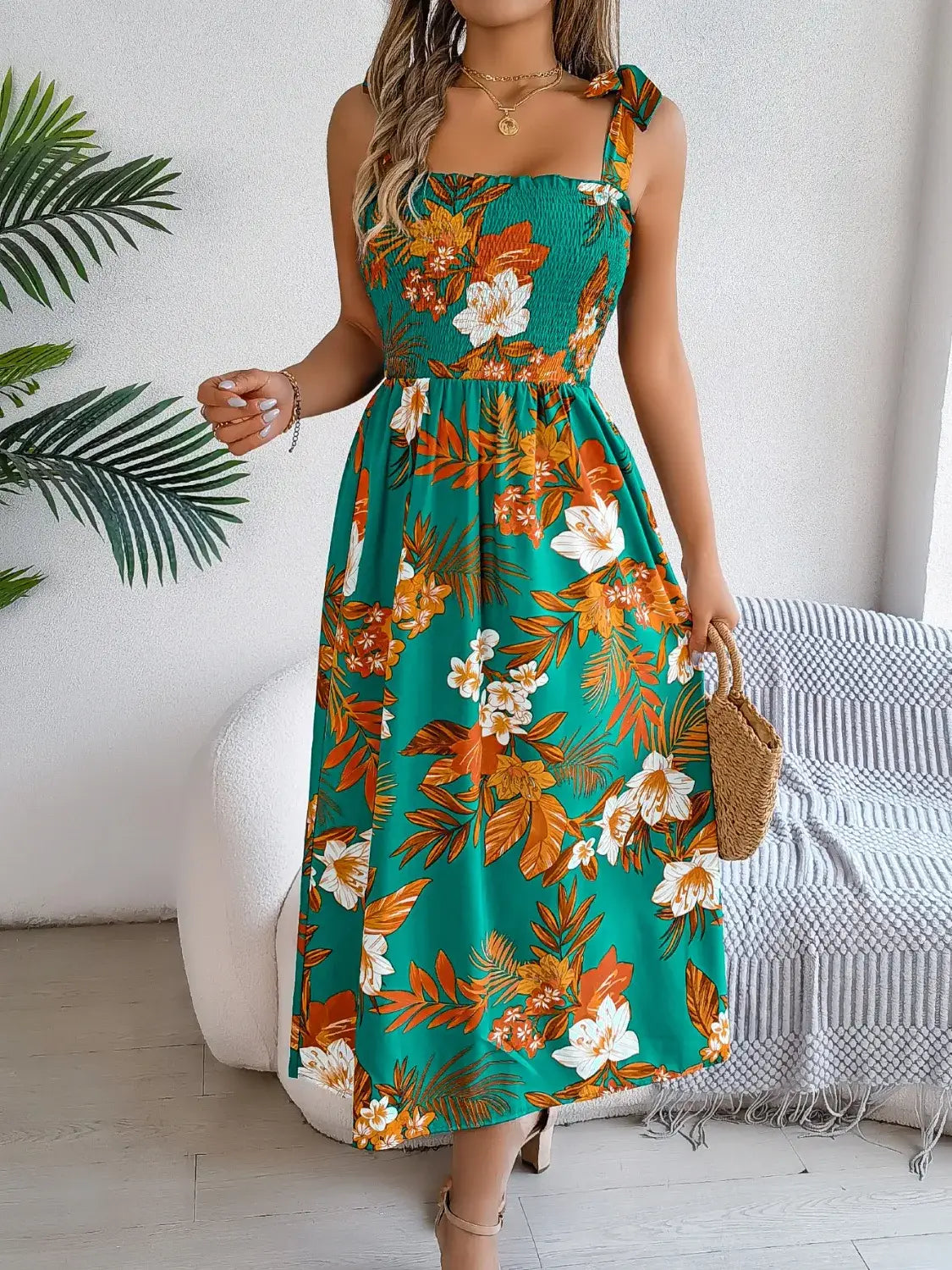 Smocked Floral Tie Shoulder Midi Dress - Trendsi - Flyclothing LLC
