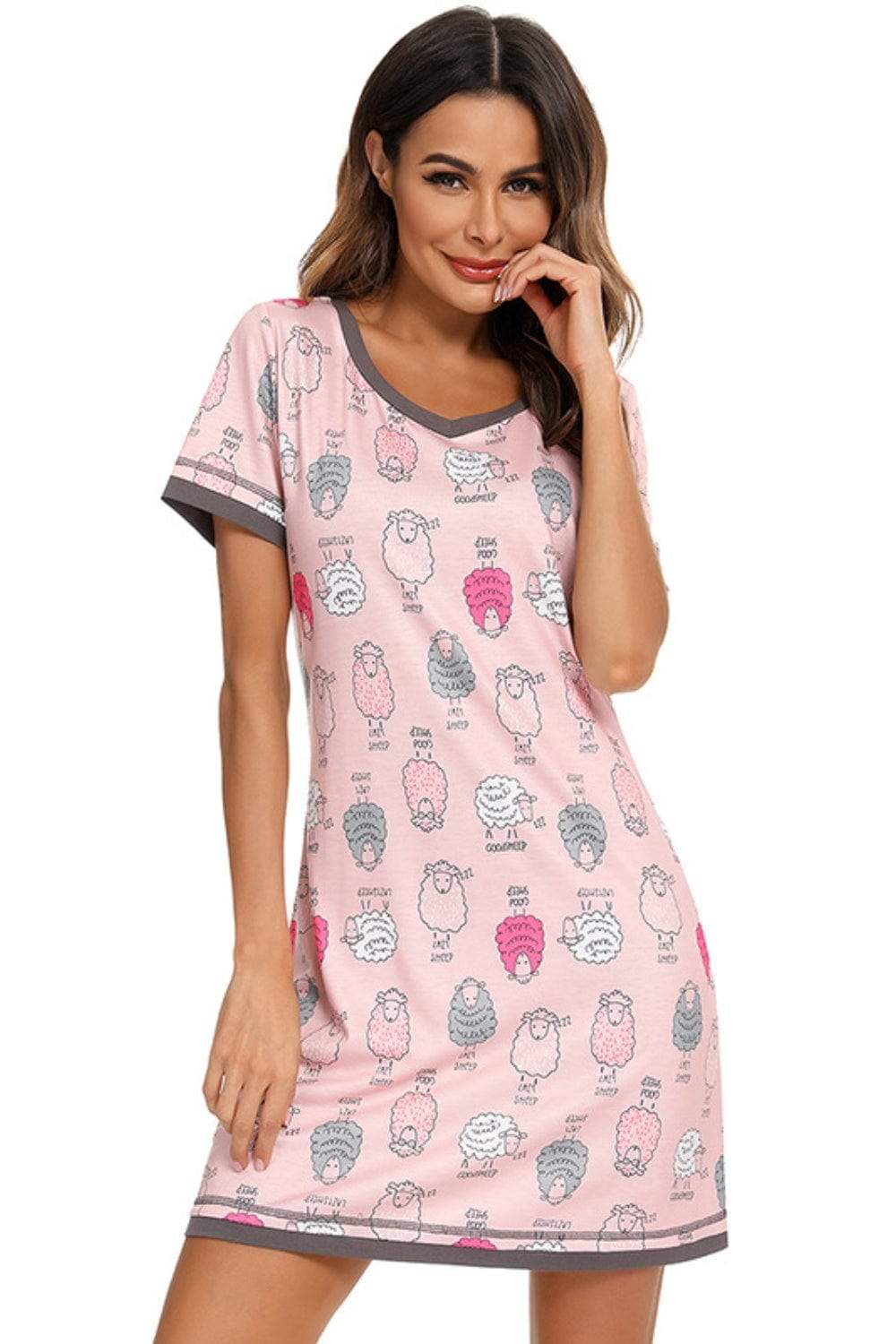 Contrast Trim Short Sleeve Lounge Dress - Trendsi - Flyclothing LLC