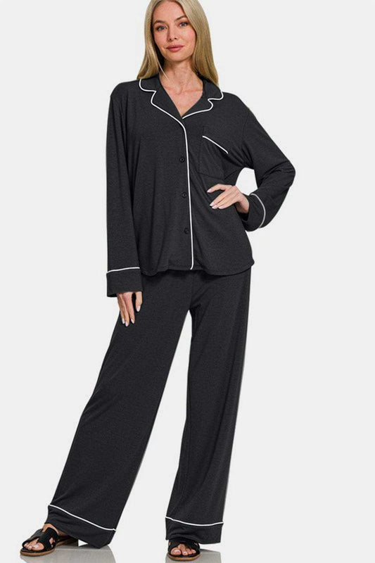 Zenana Button Down Long Sleeve Top and Pants Lounge Set - Trendsi - Flyclothing LLC