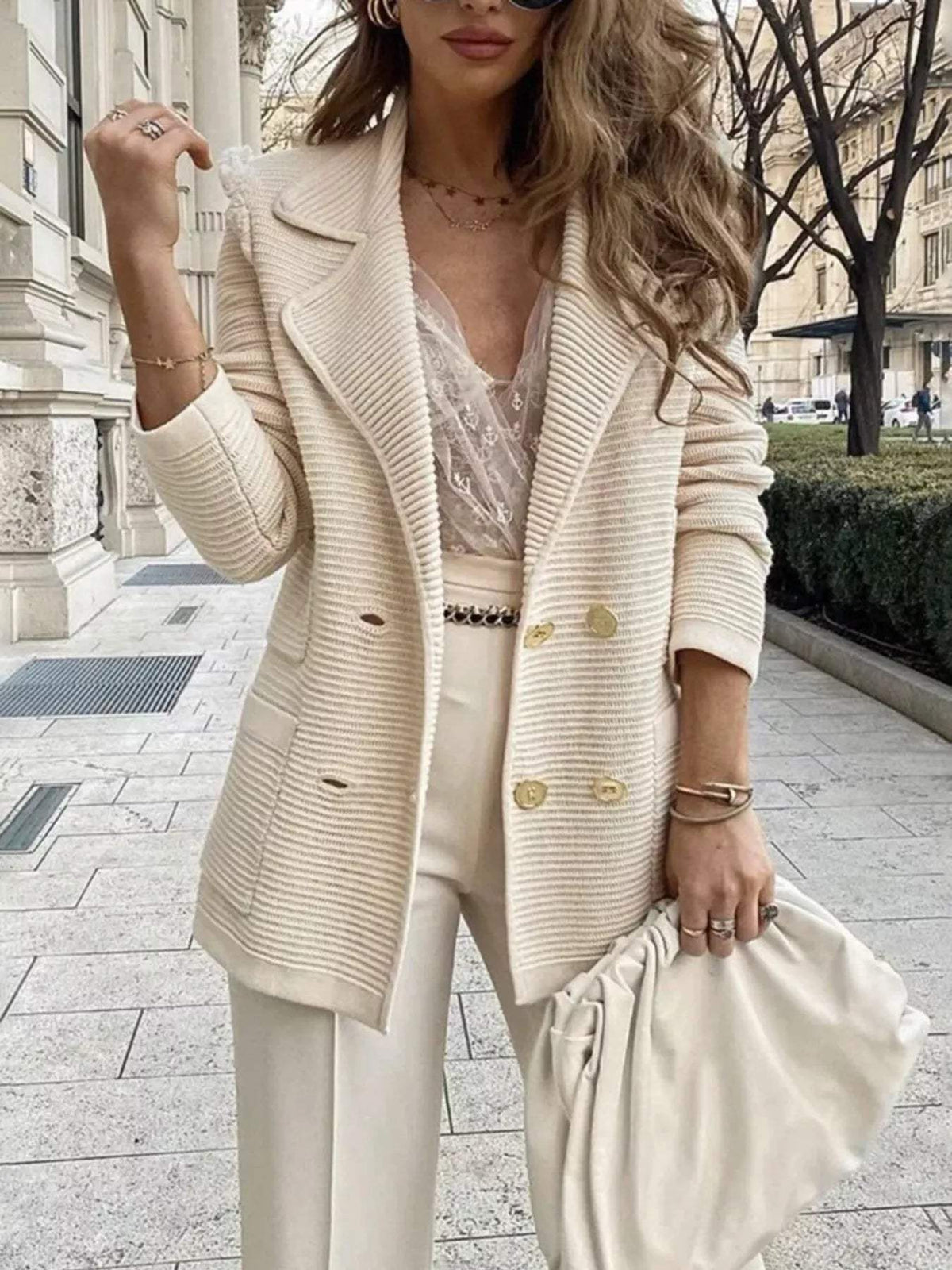 Double-Breasted Textured Jacket - Trendsi - Flyclothing LLC